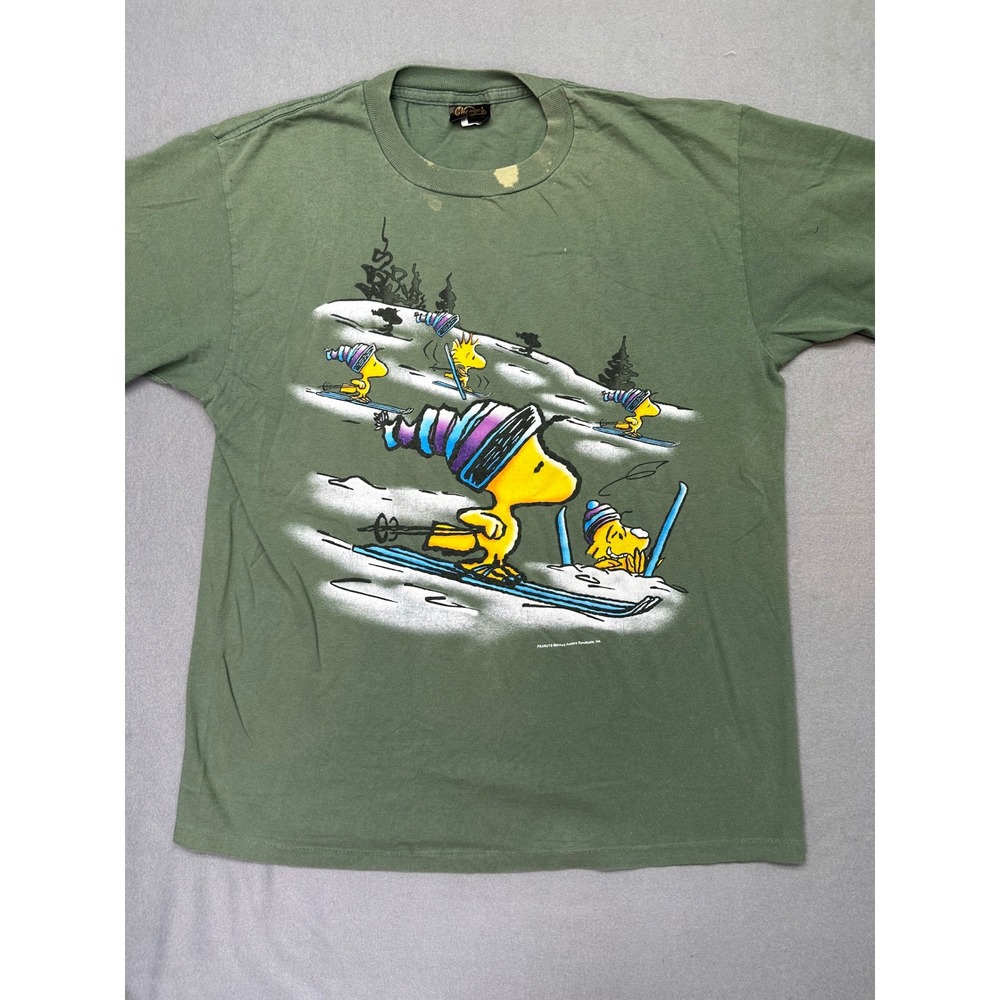 VTG 90s Woodstock Peanuts Skiing T Shirt XL Olive Green Single‎ Stitch Changes